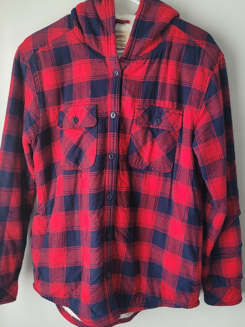 Boston Traders Women Red & Navy Sherpa-Lined Hooded Flannel Shirt Jacket Size M